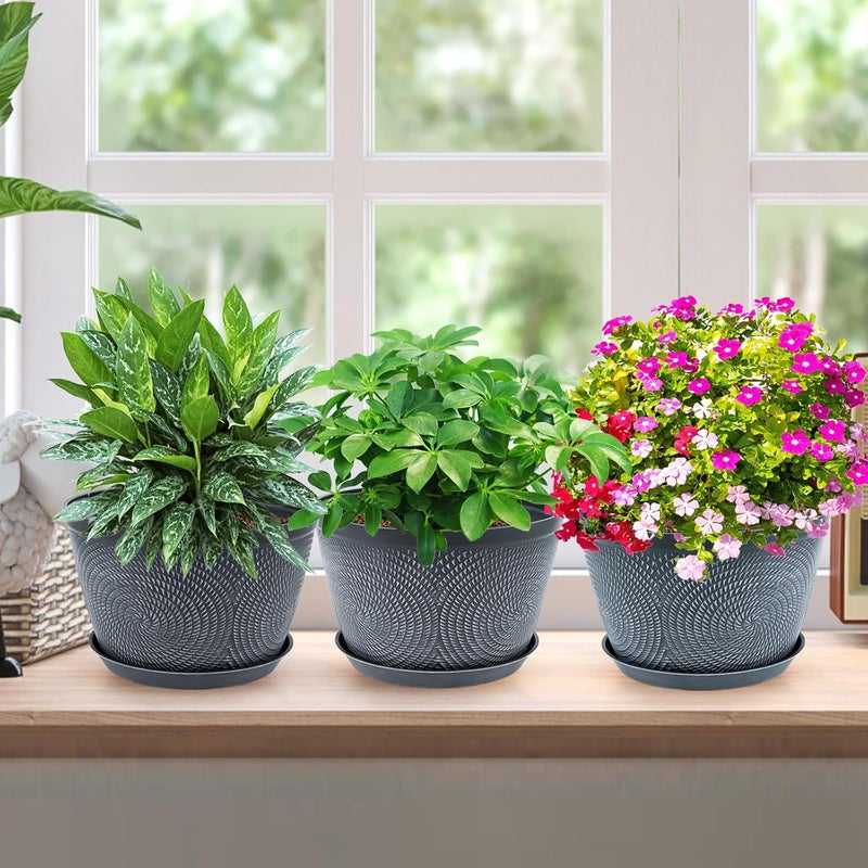 Quarut 10 Inch Flower Pots Planters for Outdoor Indoor, 3 Pack Plastic Plant Pots with Drainage Hole & Tray, Modern Decorative Garden Pot with Saucer, planters for House (Gray) - Image 5